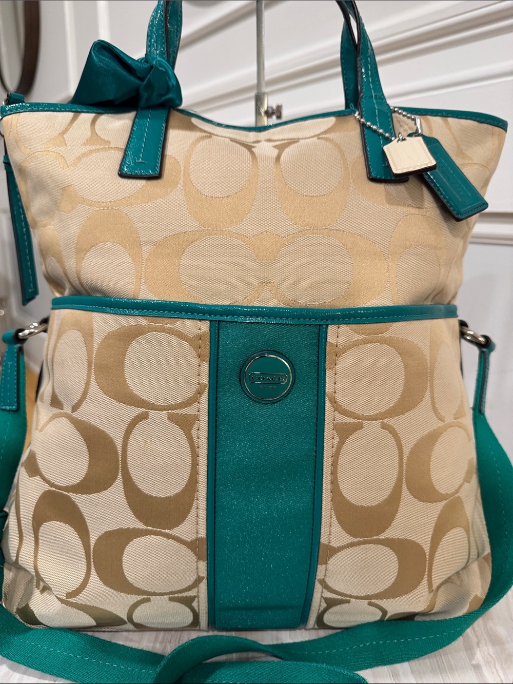 Coach Bag Oversized Signature Green Tan Stripe Foldover Tote EUC RARE - Picture 4 of 17